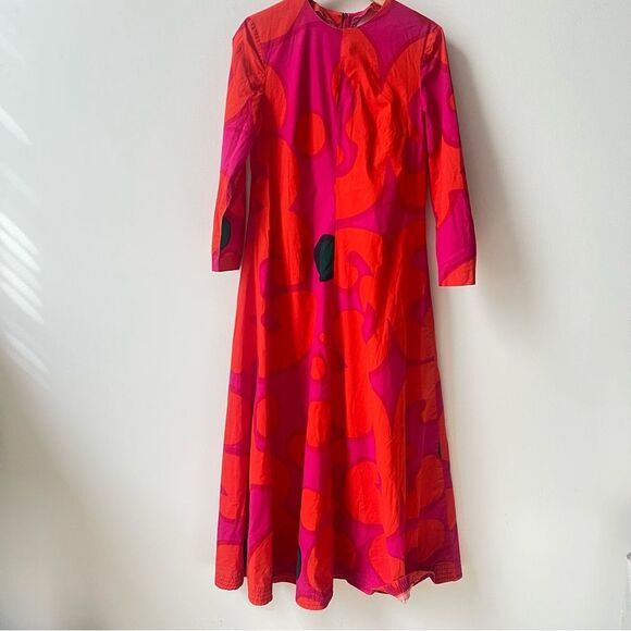 Vintage 1966 Marimekko abstract red maxi dress with quilted hem Art to wear - Picture 5 of 15
